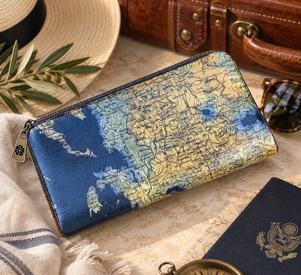 Patricia Nash Leather World Map Wallet Navy Blue Prassa Travel Organizer